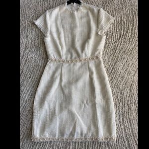 White tweed dress with faux pearl trim